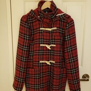 Red hooded plaid coat